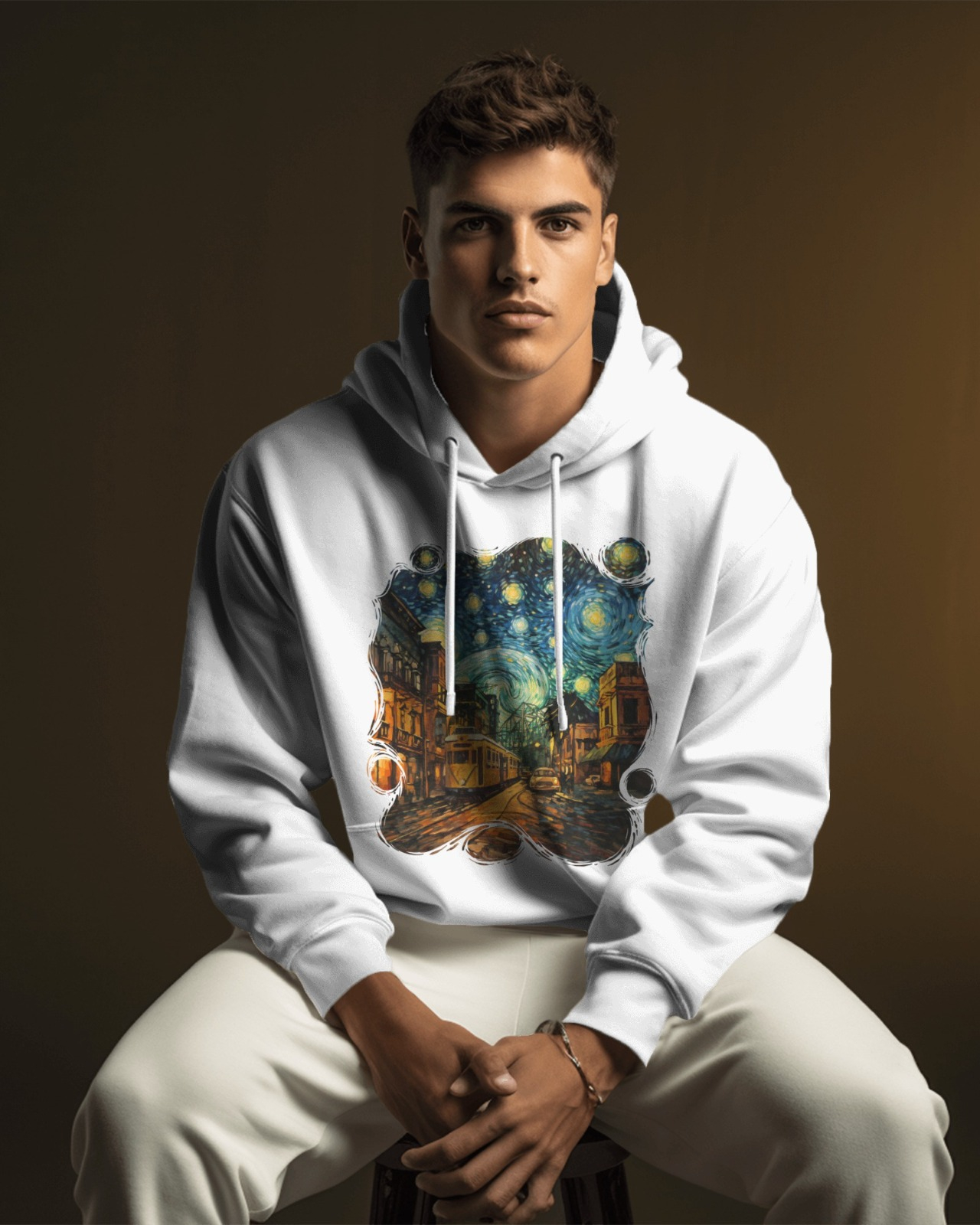 Men’s Solid Color Pure Cotton Graphics Printed White Hoodie