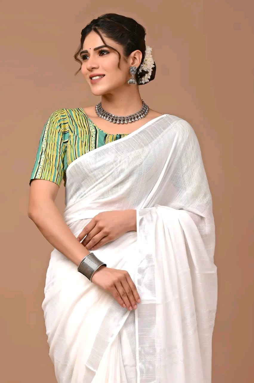 Pure Linen Saree With Silver Zari Border