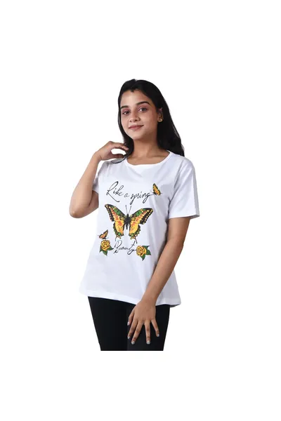 Printed Round Neck Solid Cotton Top For Women