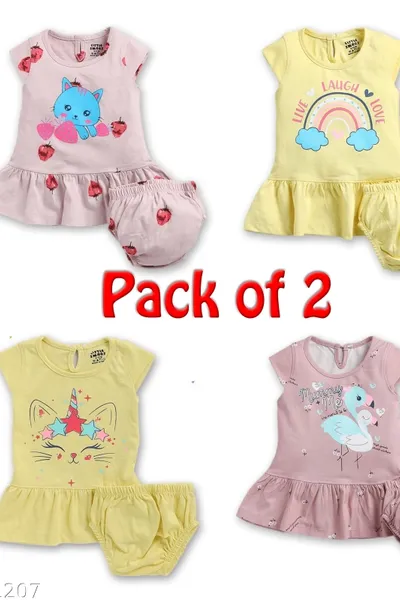 Infant Baby Girls Assorted Design Bloomer Frock Set(Pack of 2)