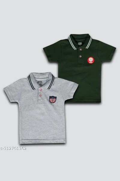 Little Smart Green and Light Gray Color Solid Polo T-shirt for Baby Boys and Girl