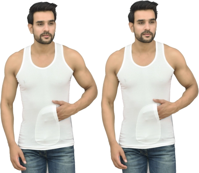 White Cotton Fabric Round Neck  Sleeveless pocket Vest for Men (Pack of 2)