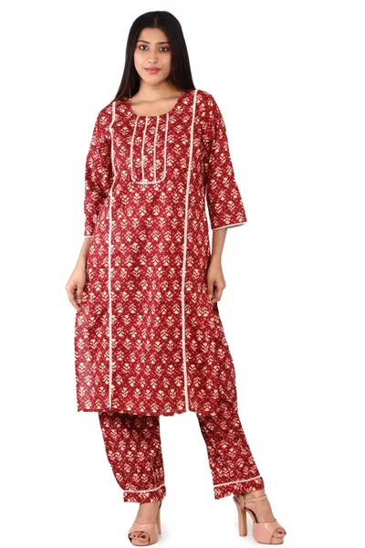 Maroon Round Neck Printed Cotton Afghani Pant Kurti set