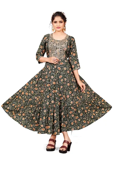 Floral Block Printed Cotton Silk Anarkali Kurta For Women