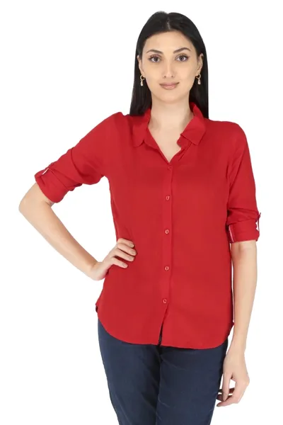 Women's Formal Red Solid Color Rayon Shirt