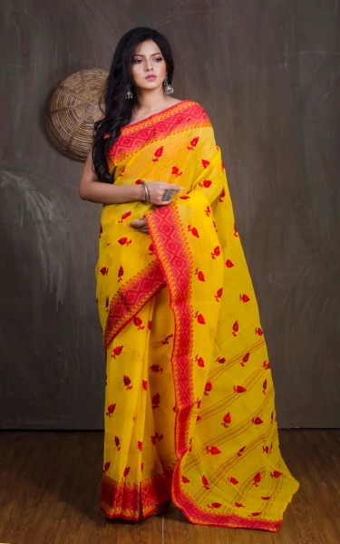 Bengal Handloom Cotton Saree with Leaf Motif Embroidery Work