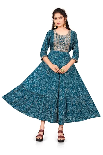 Cotton Silk Floral Block Printed Anarkali Kurta For Women