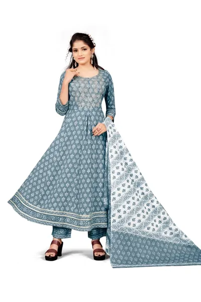 Women's Cotton Silk Blend Floral Block Printed Anarkali Kurta With Dupatta Set