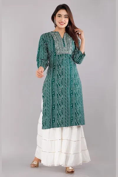 Women Bottle Green Printed Kurta Set