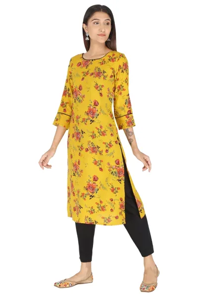 Yellow Rayon  Floral Design Kurti For Women