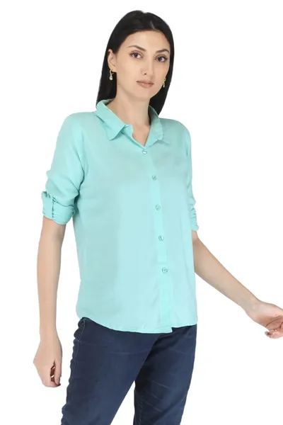 Women's Formal Sky Blue Solid Color Rayon Shirt