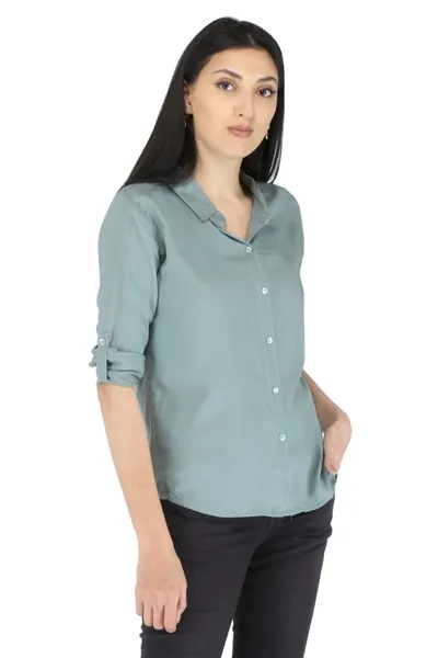 Women's Formal Soft Blue Solid Color Rayon Shirt