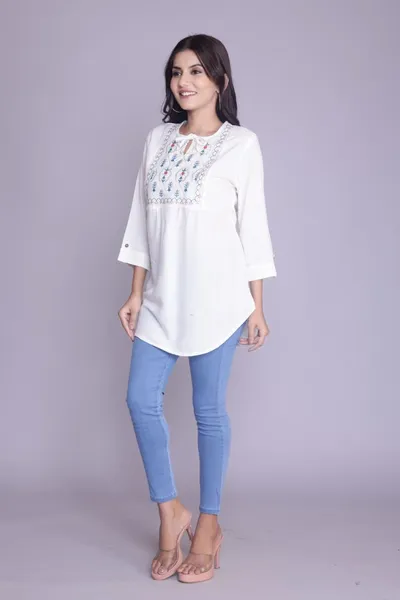 Women White Embroidered White Tunic Top