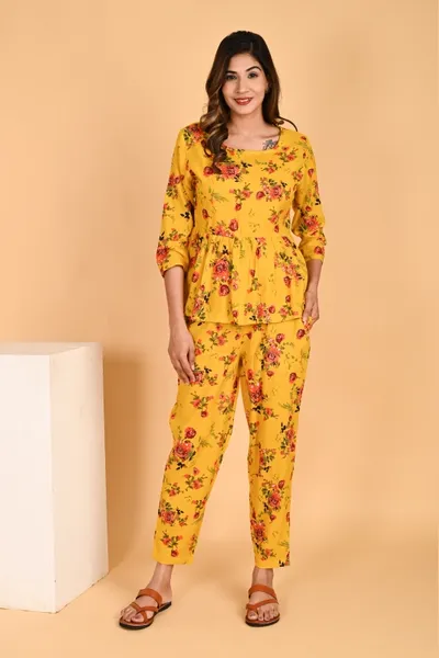 Vibrant Yellow Floral Printed Co-Ord Outfit For Women