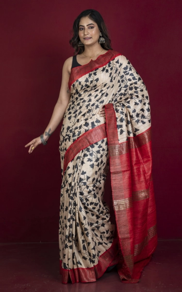 Soft Quality Block Printed Pure Gicha Tussar Silk Saree