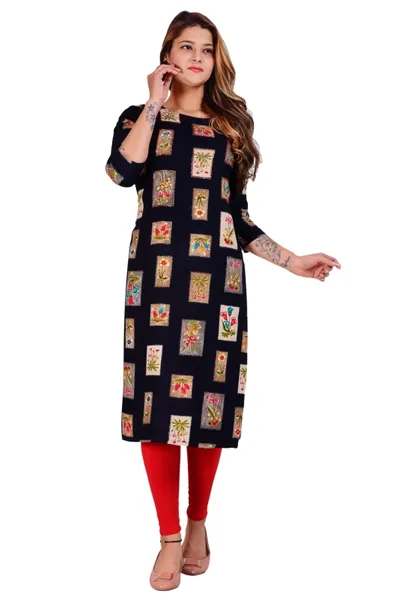 Rayon Calf Length Floral Printed Straight Kurti for Ladies