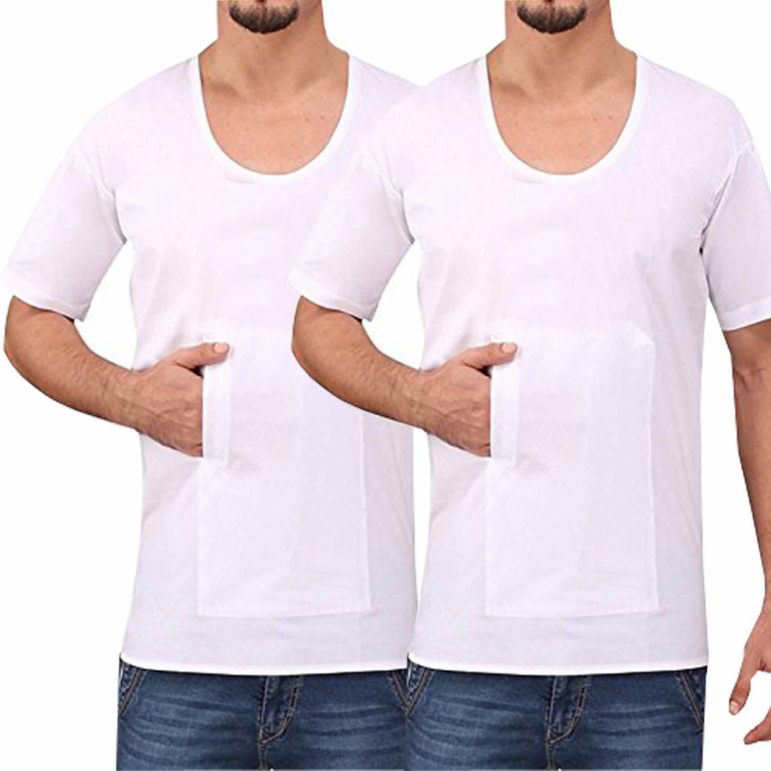 White Cotton Fabric Round Neck Half Sleeve pocket Vest for Men (Pack of 2)