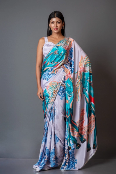 Elegant Kalki Printed Satin Crepe Saree