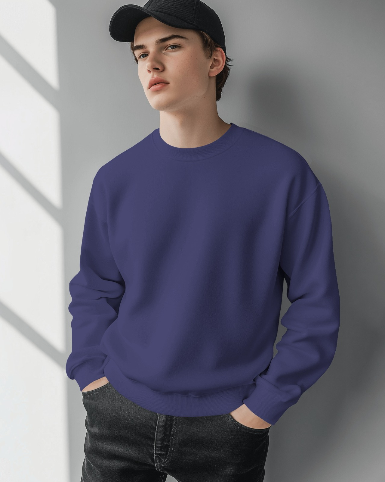 Men Solid Color Pure Cotton Navy Blue Sweatshirt