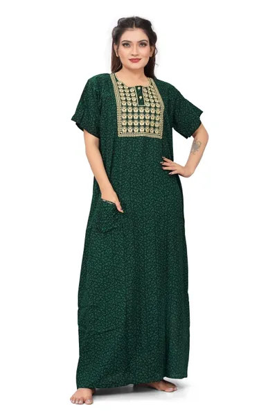 Women Brasso Cotton Sunflower Designed ALine Cut Nighty Bottle Green