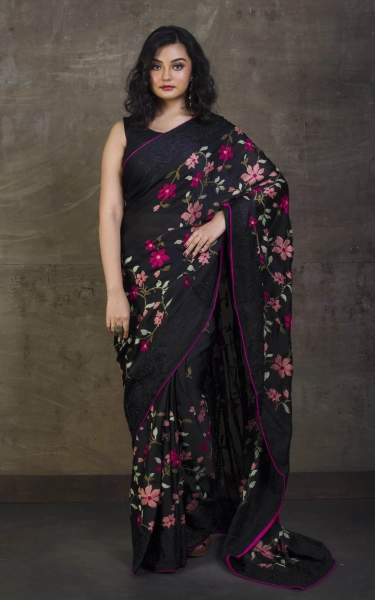 Parsi Cross Stitch Work Designer Italian Crepe Silk Saree