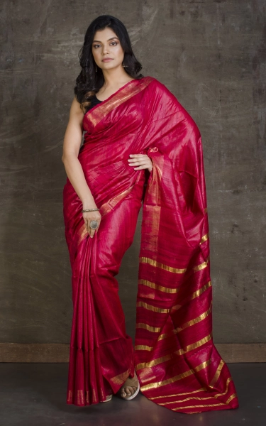 Gicha Tussar Silk Saree with Woven Gold Bands Pallu