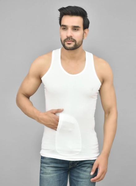 White Cotton Fabric Round Neck Sleeveless pocket Vest for Men