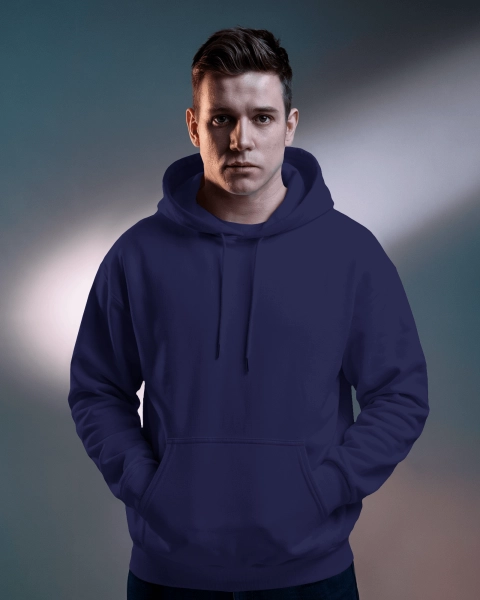 Men Solid Color Pure Cotton Navy Blue Hoodie