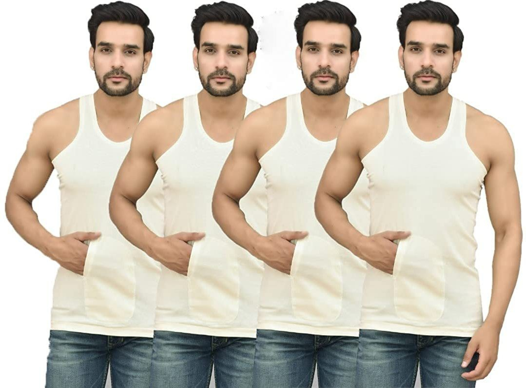 Cotton Fabric Regular Fit Solid Round Neck Pocket Vest For Men's ( PACK OF 4)