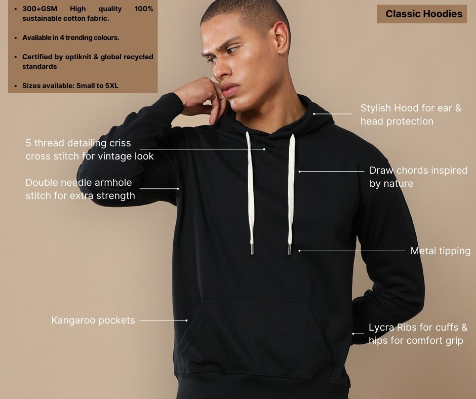 Black Vintage Cotton Fleece Hoodie For Men's