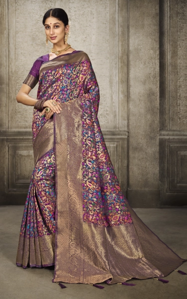 Woven Pashmina Minakari Thread Work Silk Saree