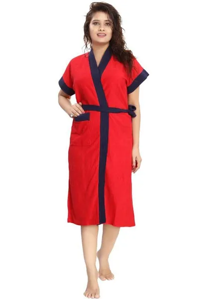 Two Tone Cotton Half Sleeves Bathrobe For Women