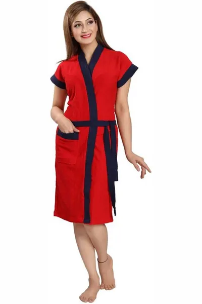 Two Tone Cotton Half Sleeves Bathrobe For Women