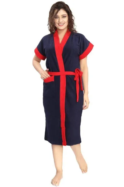 Two Tone Cotton Half Sleeves Bathrobe For Women