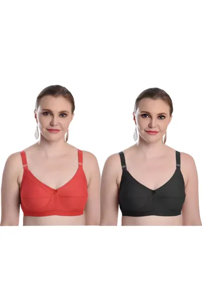 Camaleon cotton C cup non padded Zuli solid Regular Bra With Strap combo pack of 2 (Black,Red)