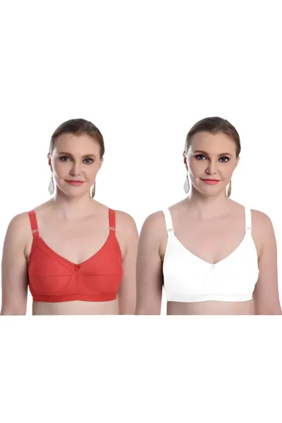 Camaleon cotton C cup non padded Zuli solid Regular Bra With Strap combo pack of 2 (White,Red)