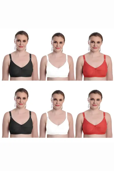 Camaleon cotton C cup non padded Zuli solid Regular Bra With Strap combo pack of 6 (Black,White,Red)