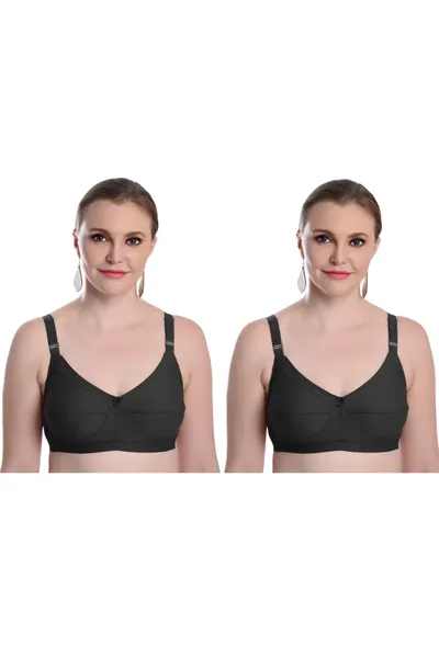 Camaleon cotton C cup non padded Zuli solid Regular Bra With Strap combo pack of 2 (Black)