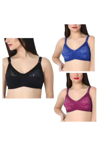 Camaleon Net cotton C cup Non Padded Multicolor 1080 Net Design Solid Fashionable Bra With Strap combo pack of 3 (Colors on Vary)