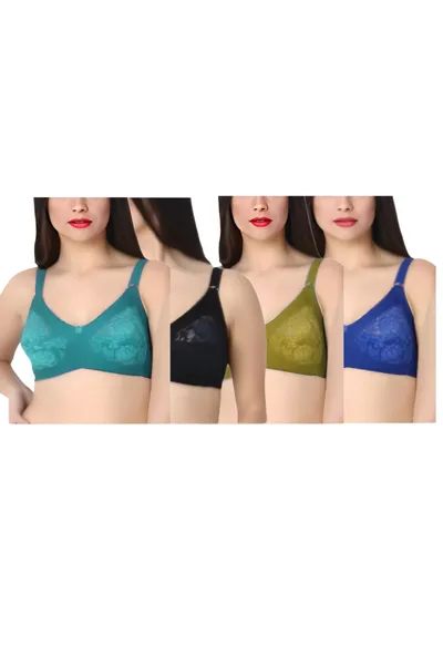 Camaleon Net cotton C cup Non Padded Multicolor 1080 Net Design Solid Fashionable Bra With Strap combo pack of 4 (Colors on Vary)