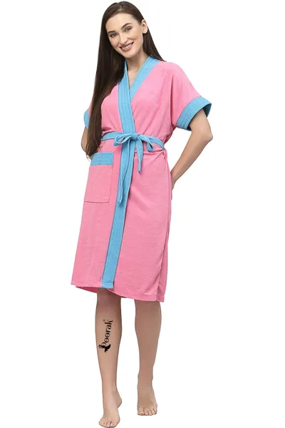 Terry Women Bath robe Fit Upto 42 inches chest - Light Pink Ferozi