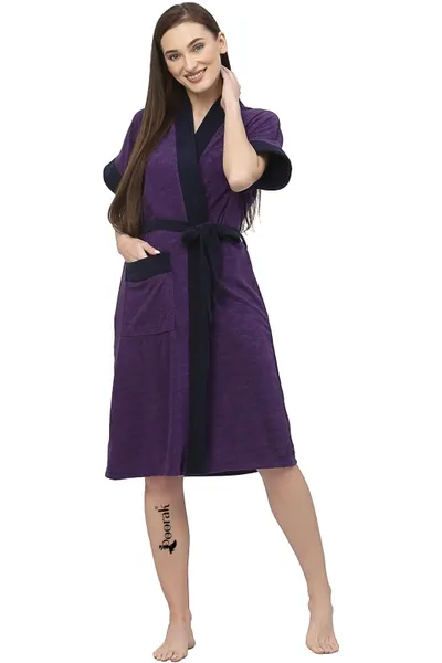 Terry Women Bathrobe Fit Upto 42 inches chest - Purple Navy