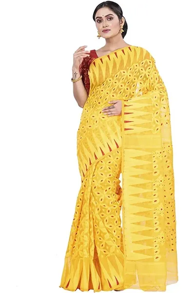 PIYARI Yellow Self Design Jamdani Cotton Blend Saree