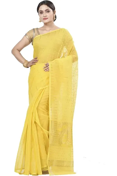 PIYARI Yellow Self Design Jamdani Cotton Blend Saree