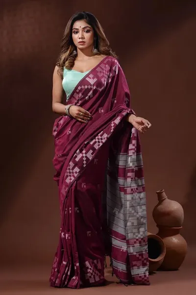 Purple Handloom Cotton Handspun Tangail Saree