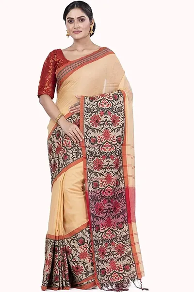 PIYARI Cream Pure Cotton Saree With Floral Border