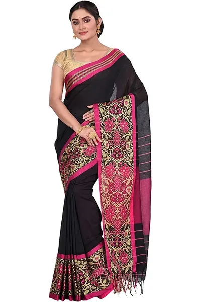 PIYARI Floral Border Black Pure Cotton Saree