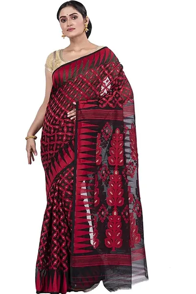 PIYARI Black And Red Jamdani Cotton Blend Saree