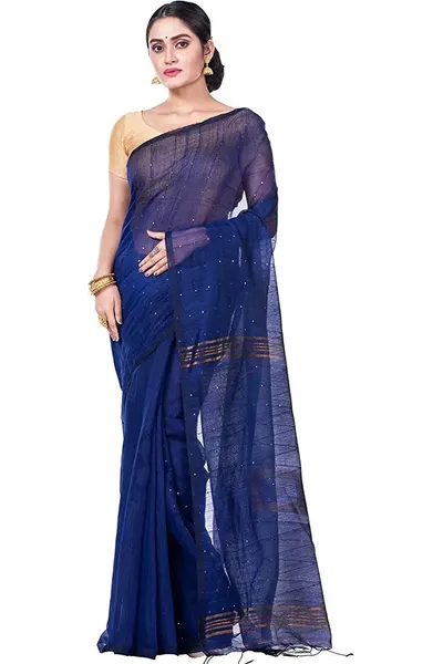 PIYARI Blue Self Design Handloom Cotton Blend Saree