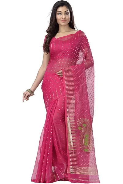 PIYARI Pink Self Design Jamdani Cotton Blend Saree